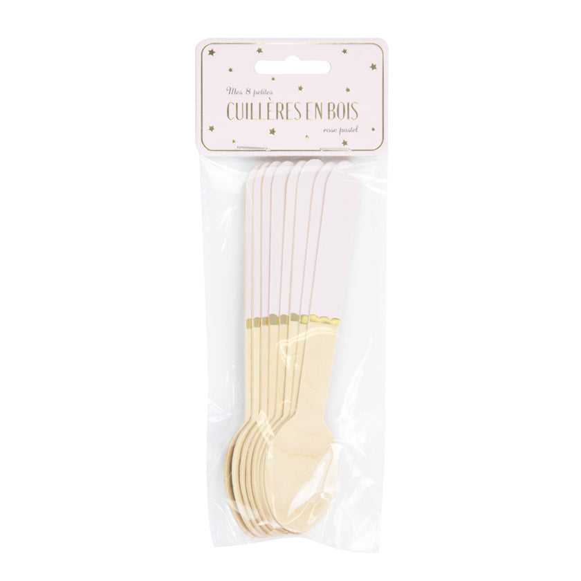 PETITES CUILLERES EN BOIS ROSE PASTEL X 8
