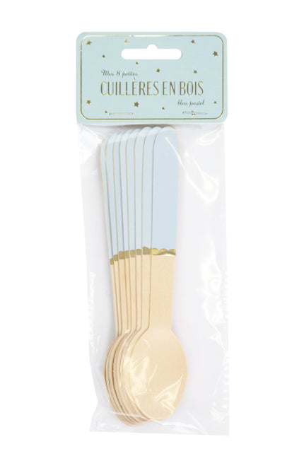 PETITES CUILLERES EN BOIS BLEU PASTEL X 8