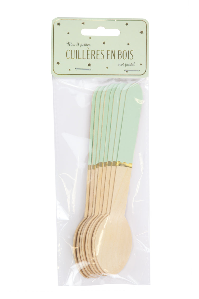 PETITES CUILLERES EN BOIS VERT PASTEL X 8