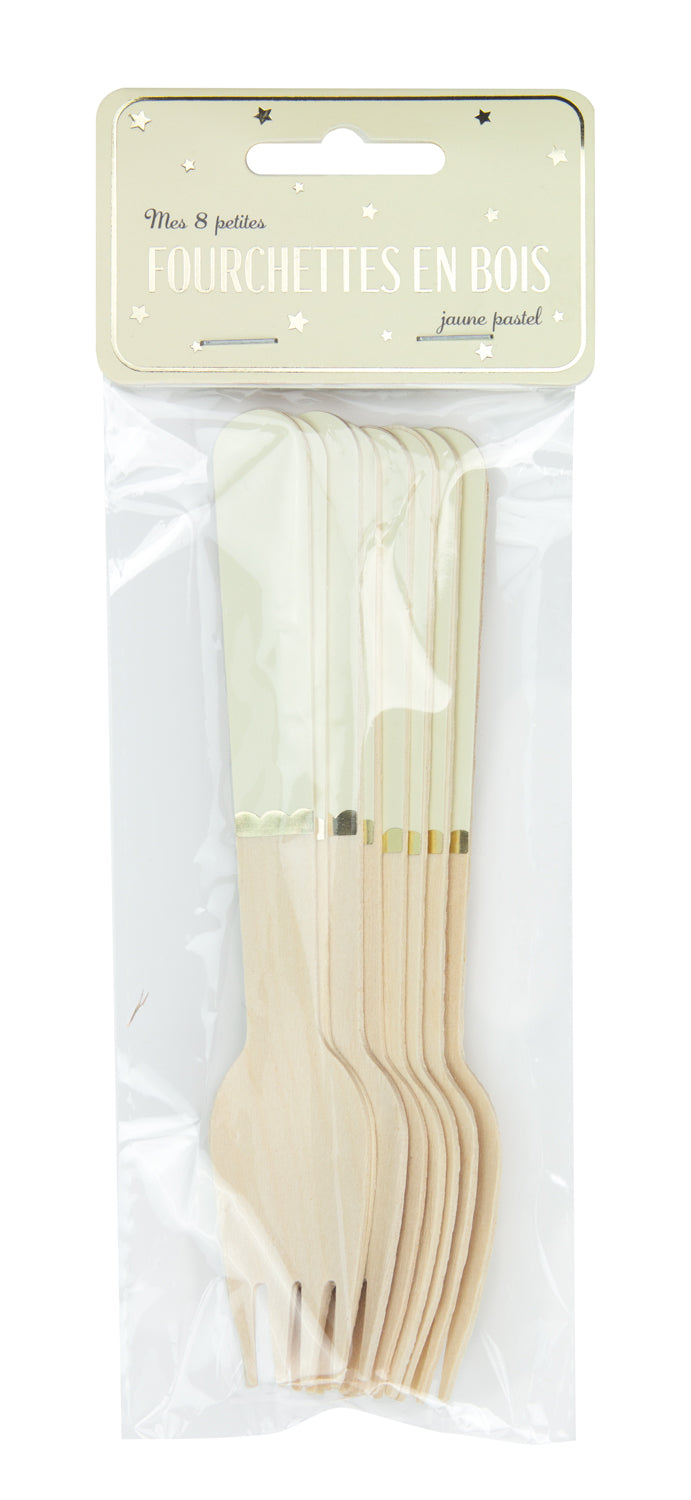 PETITES FOURCHETTES EN BOIS JAUNE PASTEL X 8