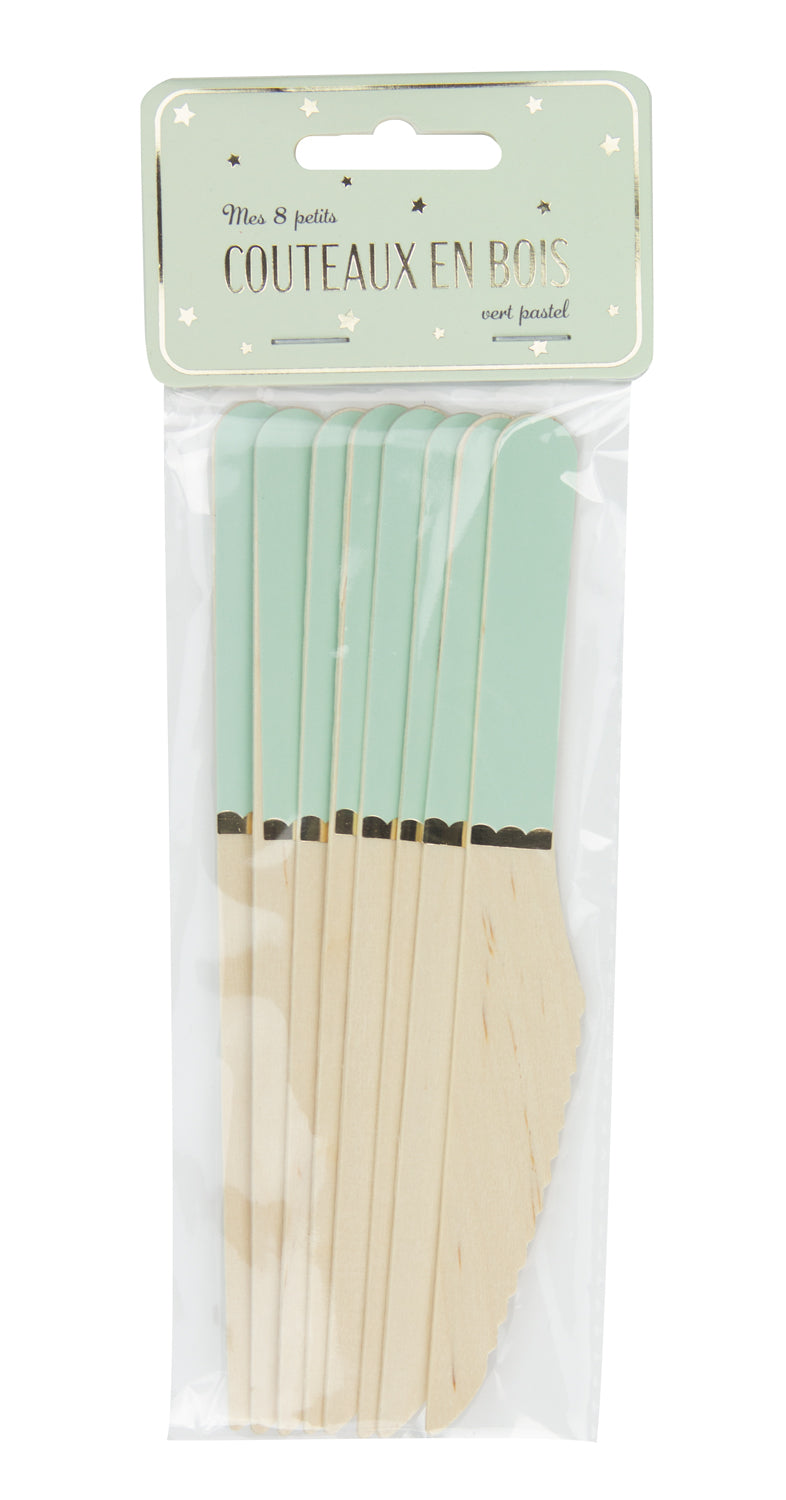 PETITS COUTEAUX EN BOIS VERT PASTEL X 8