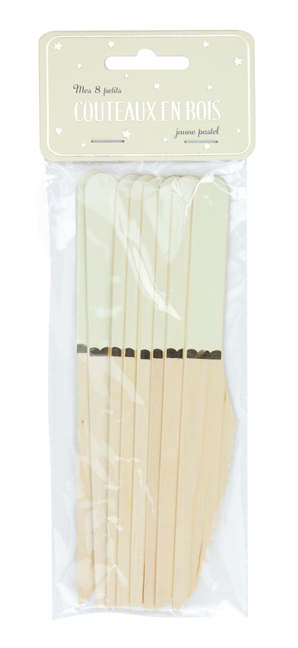 PETITS COUTEAUX EN BOIS JAUNE PASTEL X 8