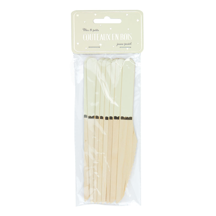 PETITS COUTEAUX EN BOIS JAUNE PASTEL X 8