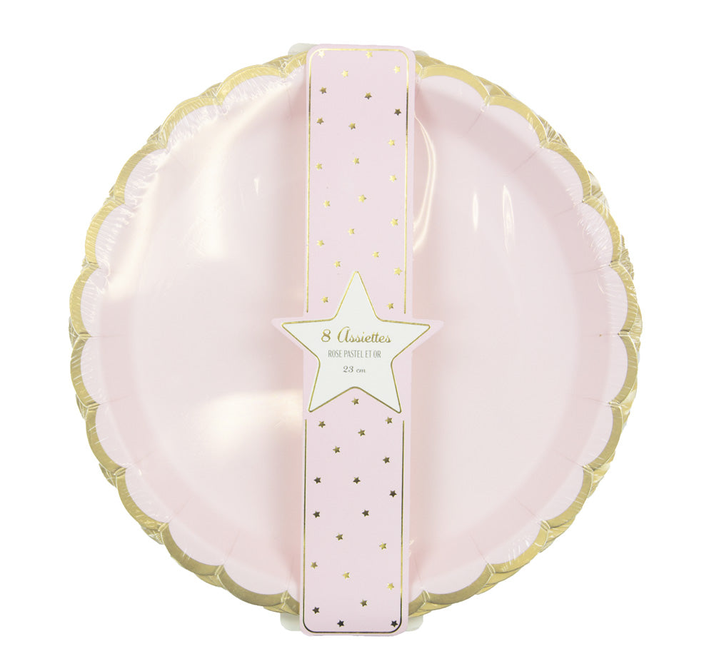 ASSIETTES FESTONNEES 23CM ROSE PASTEL ET OR X 8