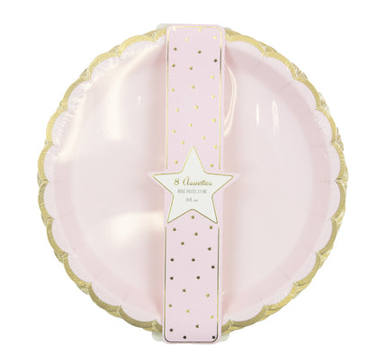ASSIETTES FESTONNEES 23CM ROSE PASTEL ET OR X 8