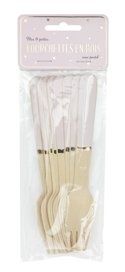 PETITES FOURCHETTES EN BOIS ROSE PASTEL X 8