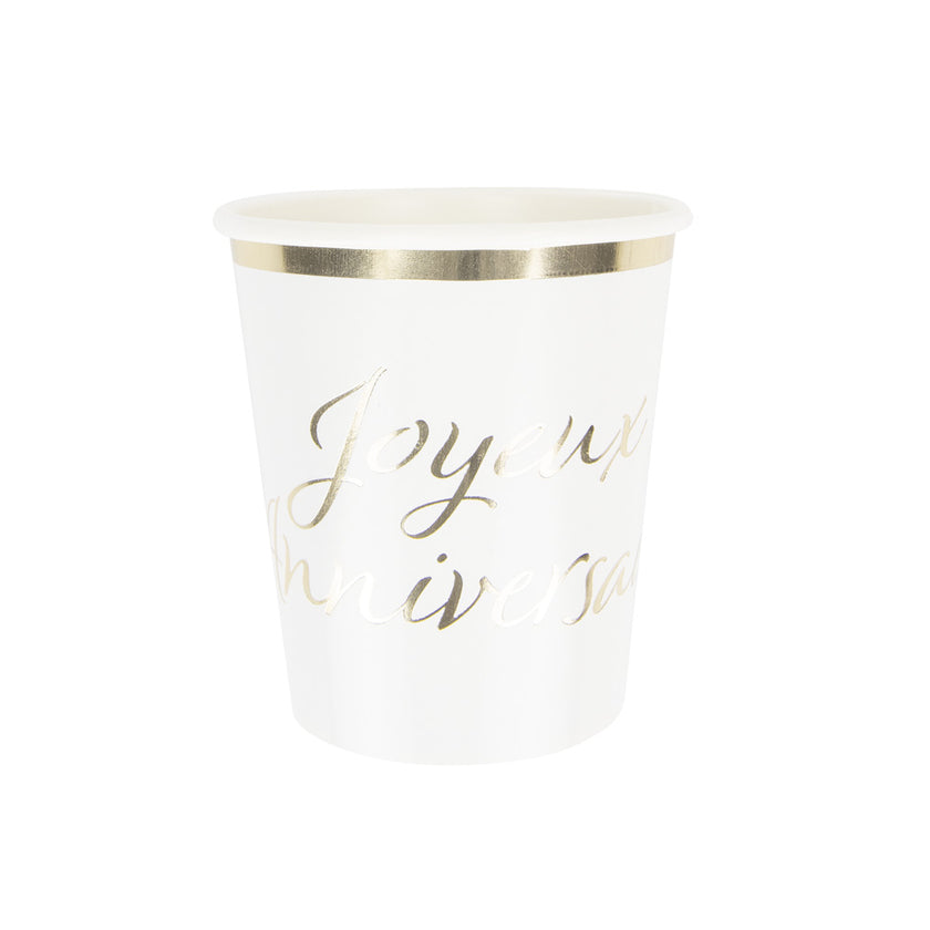 GOBELETS 200ML JOYEUX ANNIVERSAIRE OR X 8