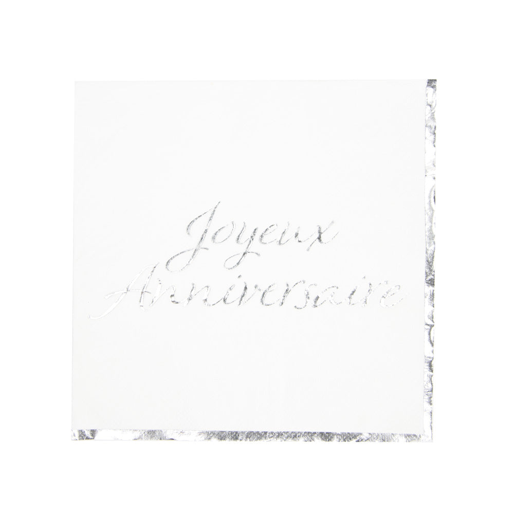 SERVIETTES 33X33CM JOYEUX ANNIVERSAIRE ARGENT X 16