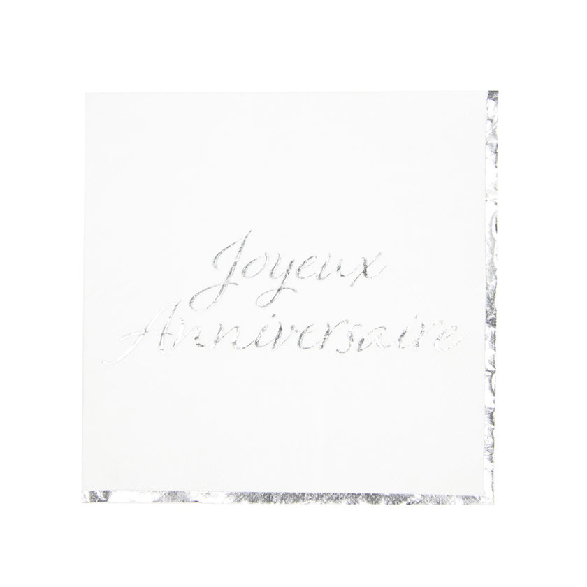 SERVIETTES 33X33CM JOYEUX ANNIVERSAIRE ARGENT X 16