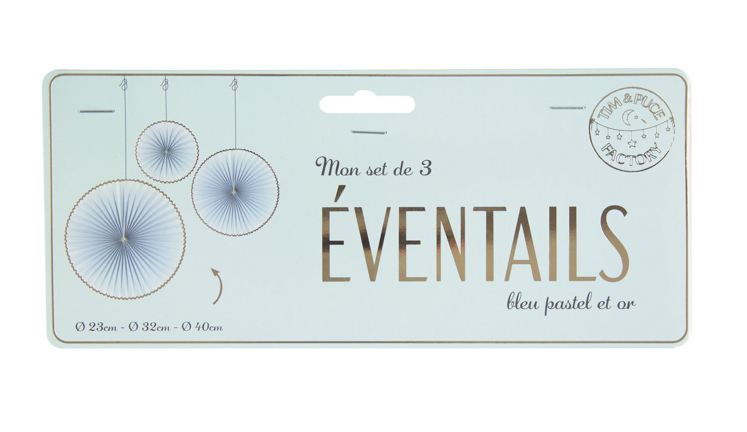 SET DE 3 EVENTAILS BLEU PASTEL ET OR