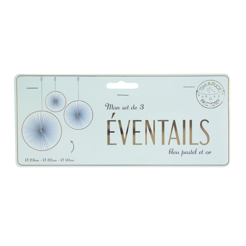 SET DE 3 EVENTAILS BLEU PASTEL ET OR