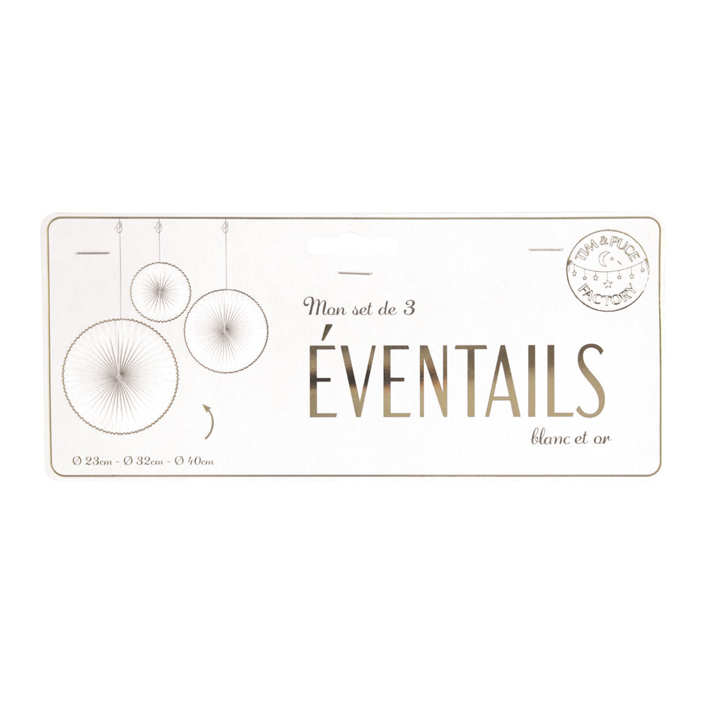 SET DE 3 EVENTAILS BLANC ET OR