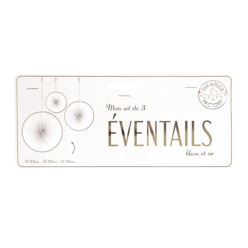 SET DE 3 EVENTAILS BLANC ET OR