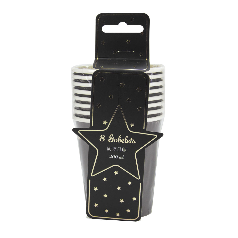 GOBELETS FESTONNES 200ML NOIRS ET OR X 8