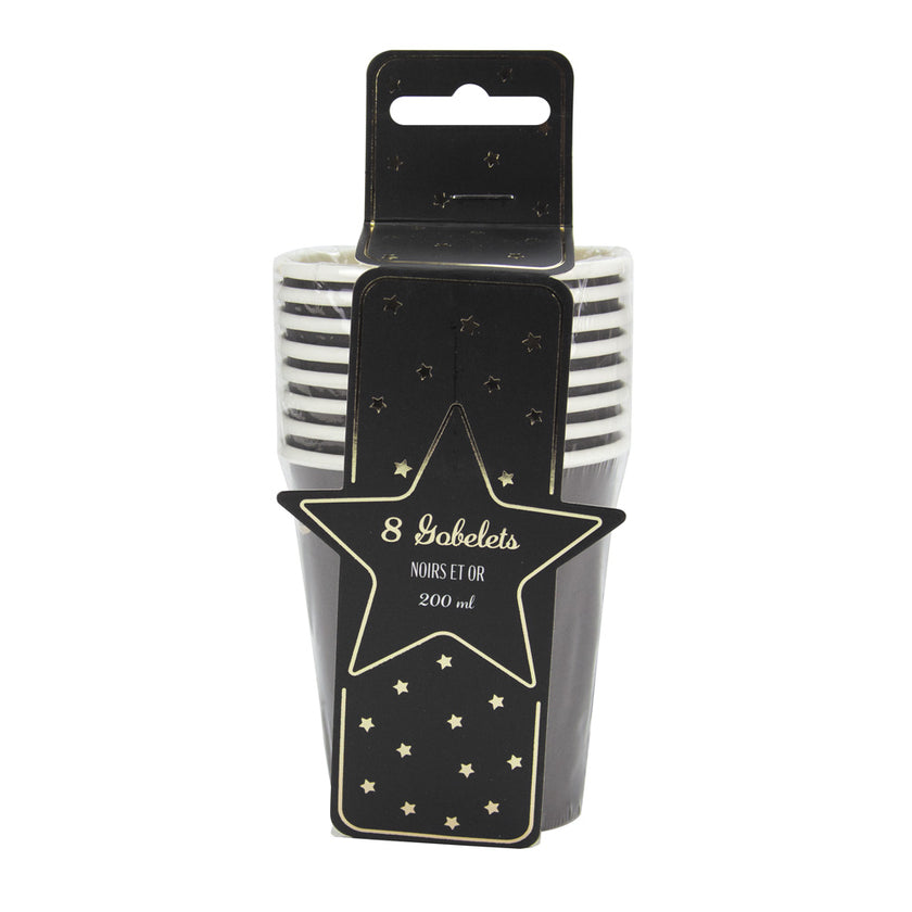 GOBELETS FESTONNES 200ML NOIRS ET OR X 8