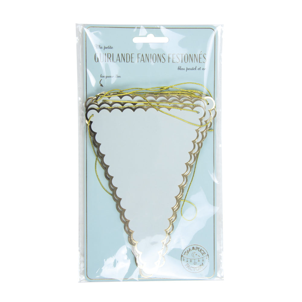 GUIRLANDE FANIONS FESTONNES BLEU PASTEL ET OR 3M
