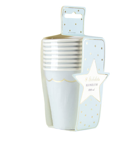 GOBELETS FESTONNES 200ML BLEU PASTEL ET OR X 8