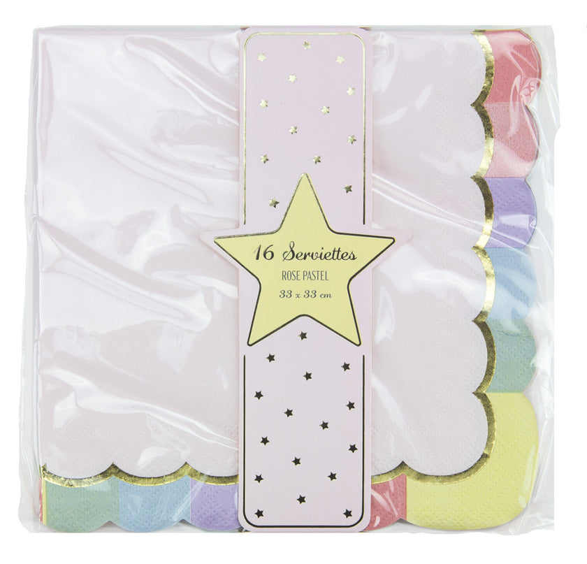 SERVIETTES FESTONNEES 33X33CM ROSE PASTEL X 16