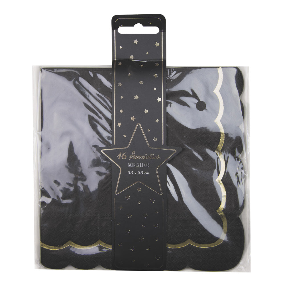 SERVIETTES FESTONNEES 33X33CM NOIRES ET OR X 16