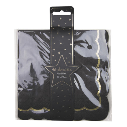 SERVIETTES FESTONNEES 33X33CM NOIRES ET OR X 16