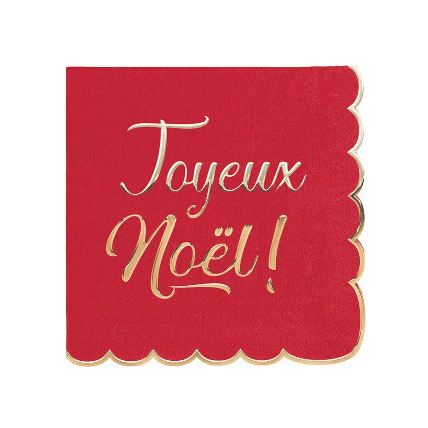 SERVIETTES FESTONNEES 33X33CM ROUGES ET OR JOYEUX NOEL X 16