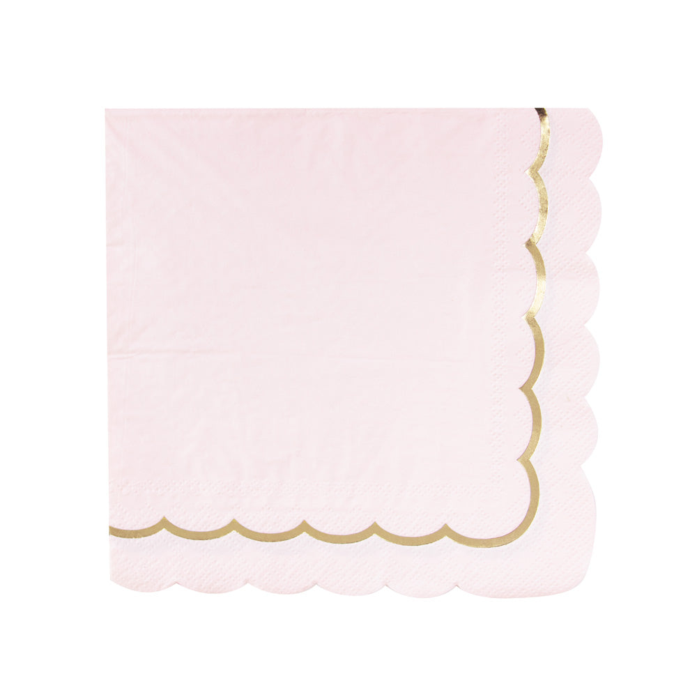 SERVIETTES FESTONNEES 33X33CM ROSE PASTEL ET OR X 16