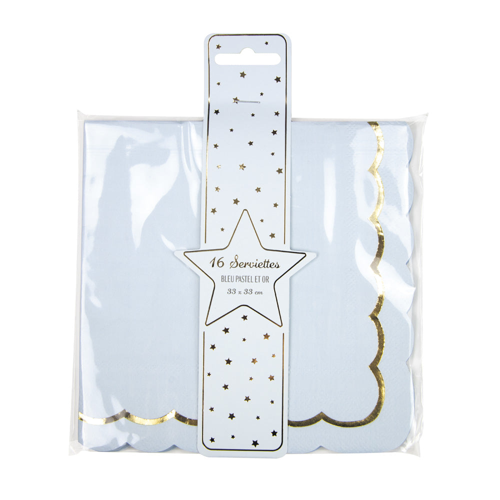 SERVIETTES FESTONNEES 33X33CM BLEU PASTEL ET OR X 16