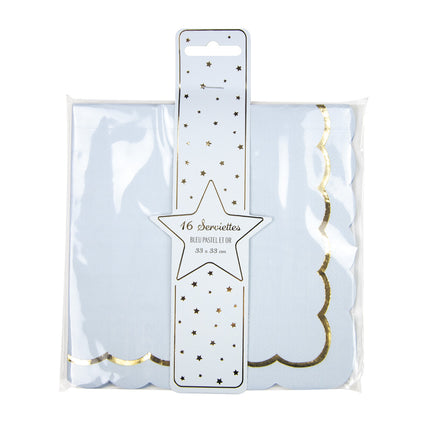 SERVIETTES FESTONNEES 33X33CM BLEU PASTEL ET OR X 16