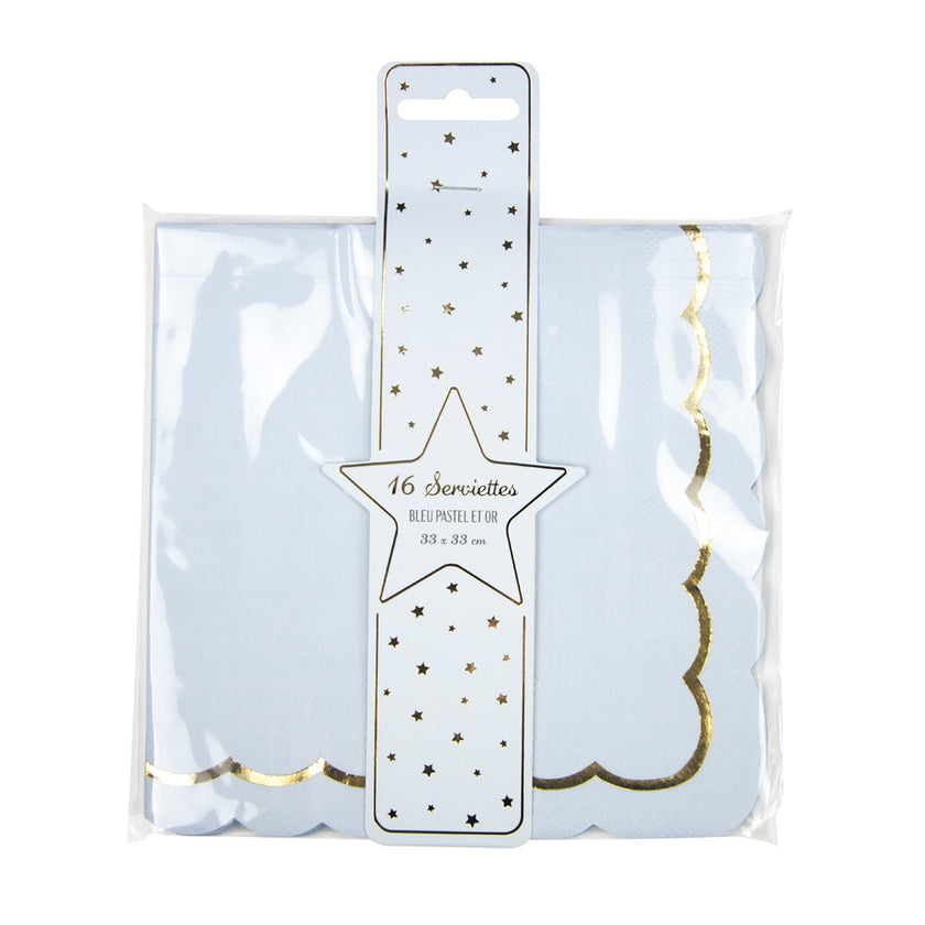 SERVIETTES FESTONNEES 33X33CM BLEU PASTEL ET OR X 16