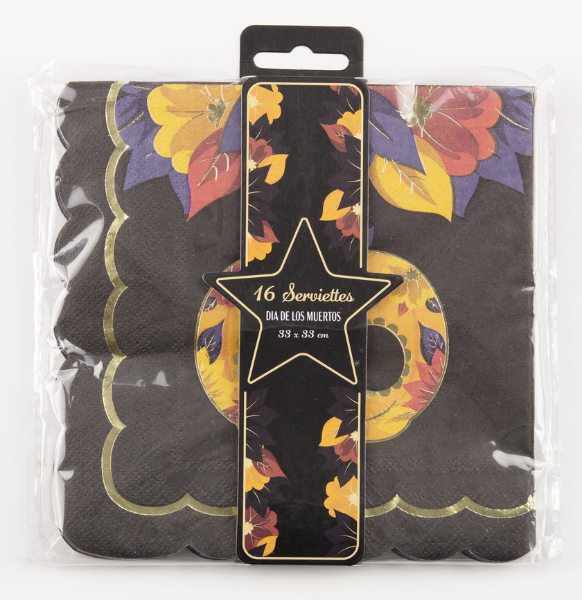 SERVIETTES FESTONNEES 33X33CM DIA DE LOS MUERTOS ET OR X 16