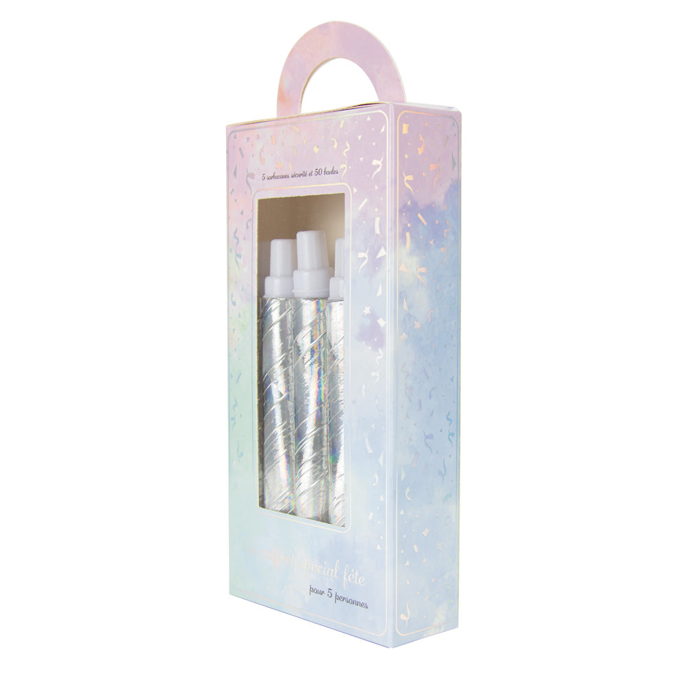 COFFRET 5 SARBACANES + 50 BOULES IRIDESCENT PARTY