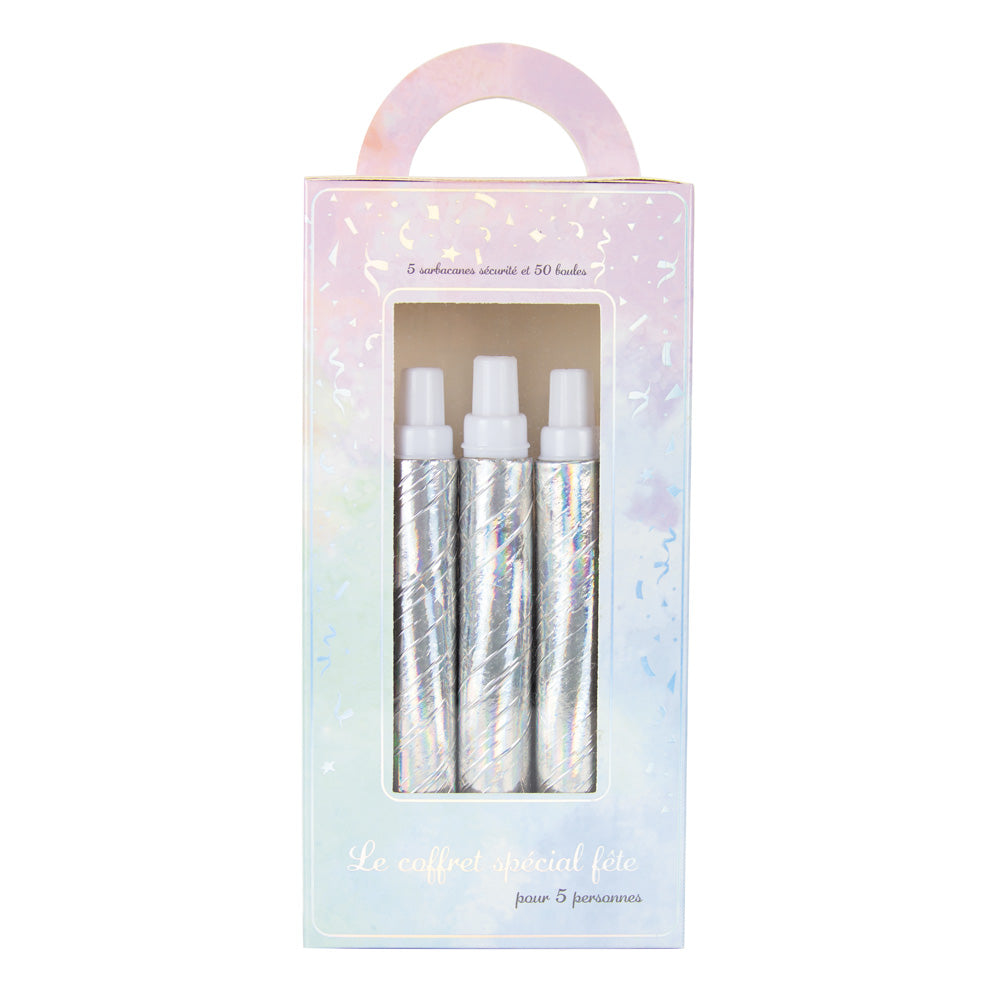 COFFRET 5 SARBACANES + 50 BOULES IRIDESCENT PARTY