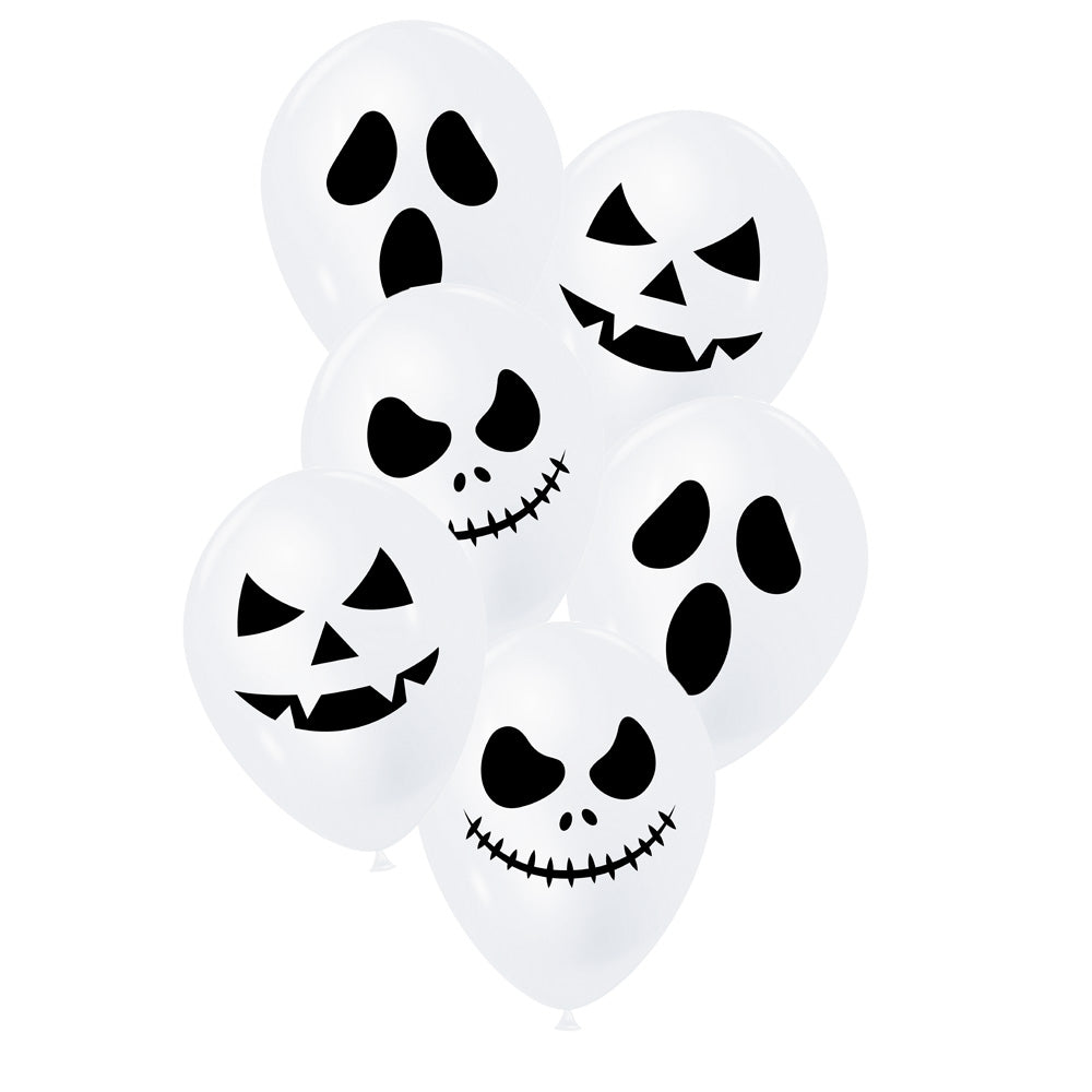 BALLONS DE BAUDRUCHE BLANCS VISAGES D HALLOWEEN X 6