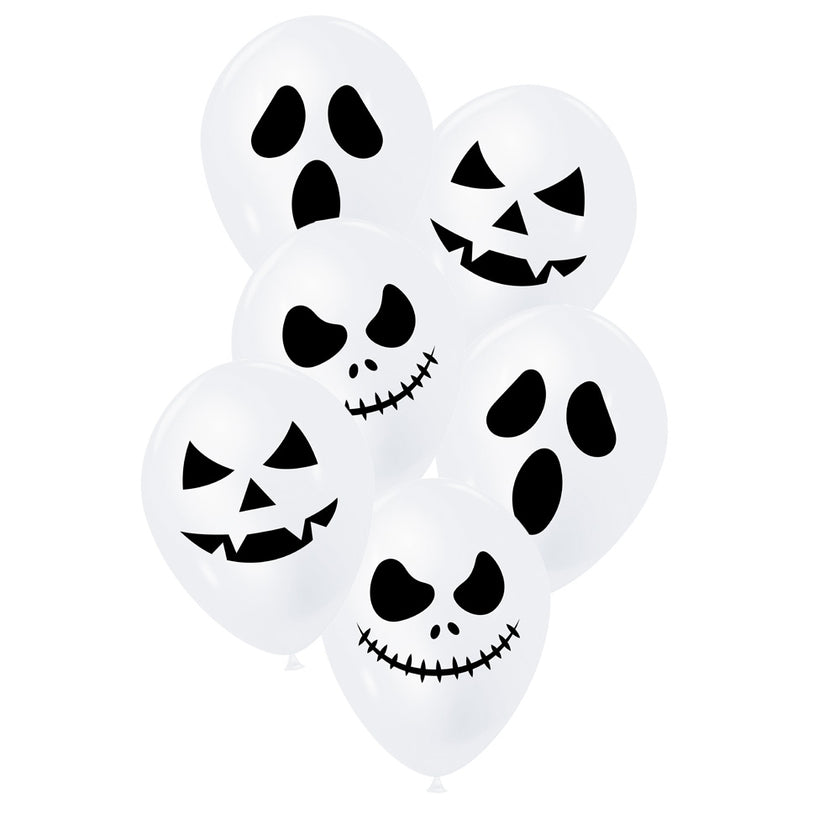 BALLONS DE BAUDRUCHE BLANCS VISAGES D HALLOWEEN X 6