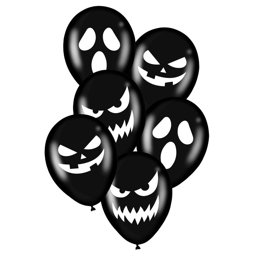 BALLONS DE BAUDRUCHE NOIRS VISAGES D HALLOWEEN X 6