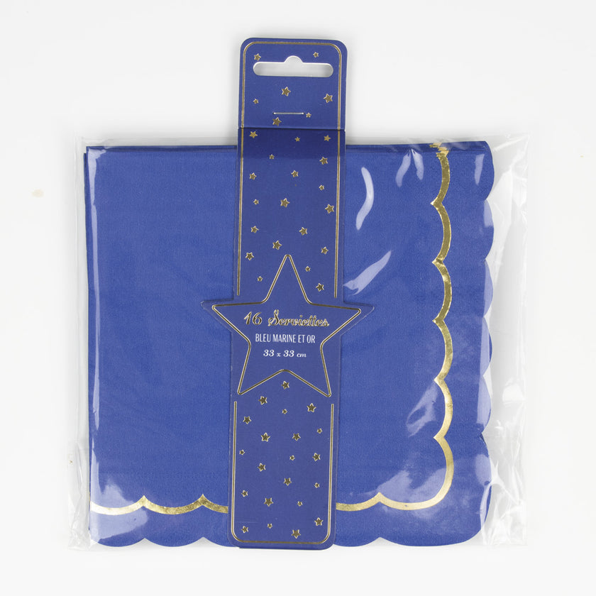SERVIETTES FESTONNEES 33X33CM BLEU MARINE ET OR X 16