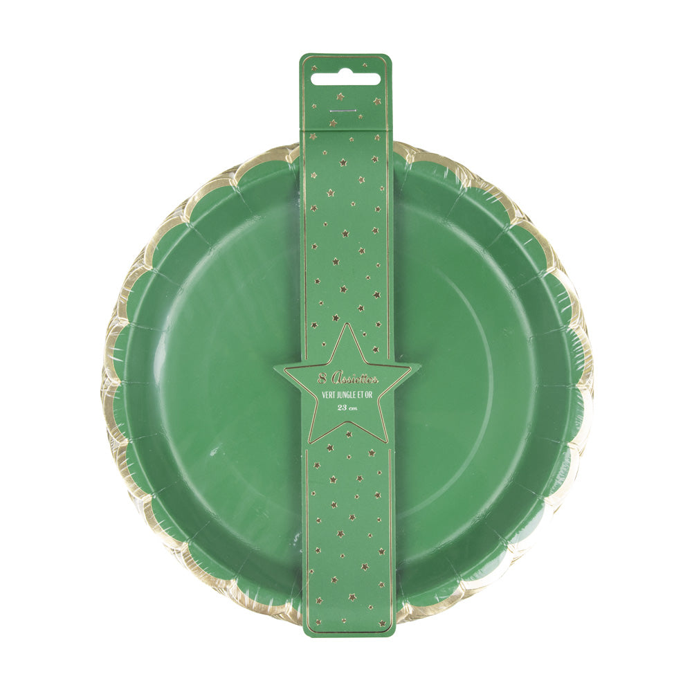 ASSIETTES FESTONNEES 23CM VERT JUNGLE ET OR X 8