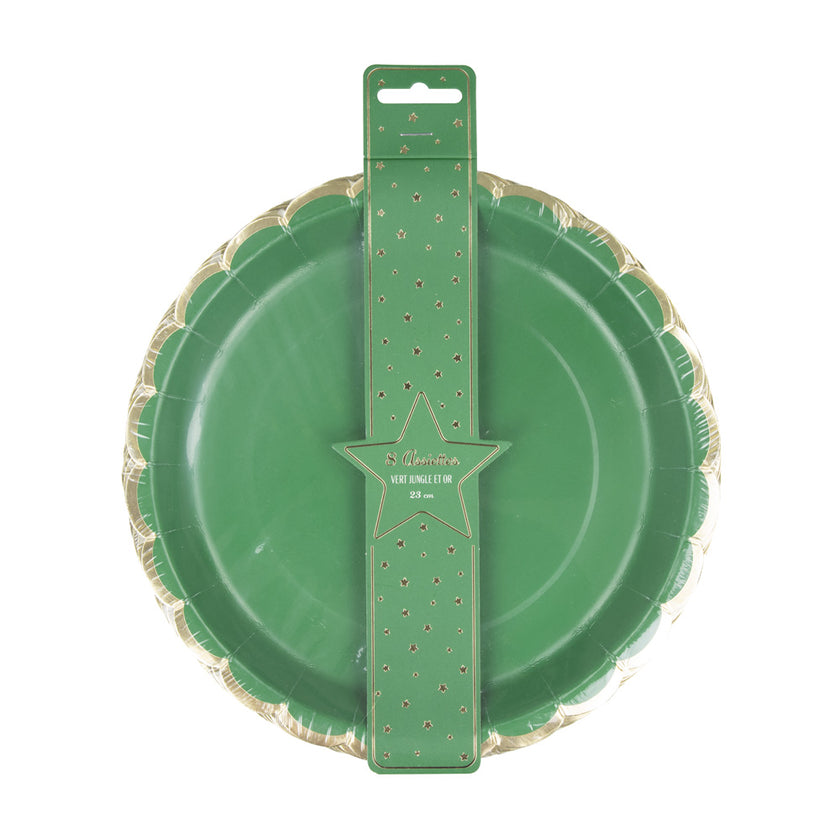 ASSIETTES FESTONNEES 23CM VERT JUNGLE ET OR X 8