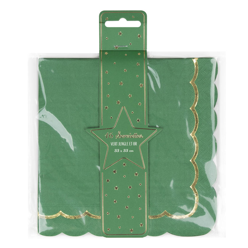 SERVIETTES FESTONNEES 33X33CM VERT JUNGLE ET OR X 16
