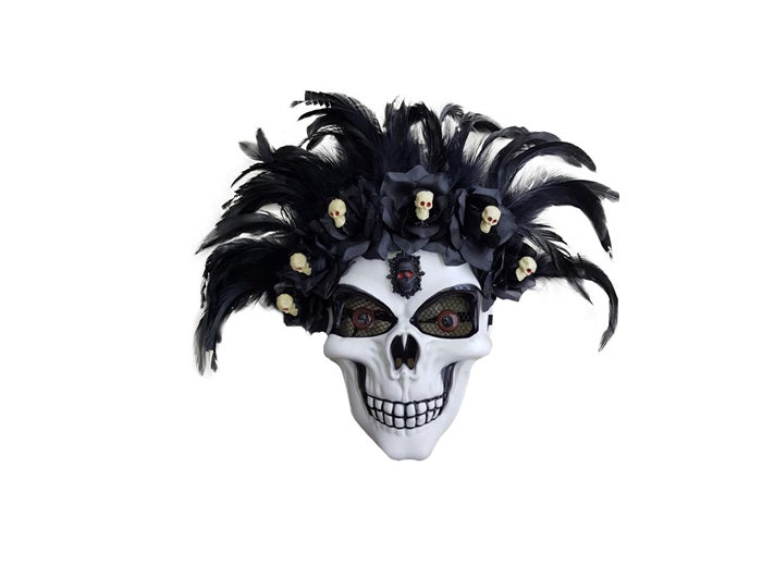masque coque crane avec plumes et roses noires adulte