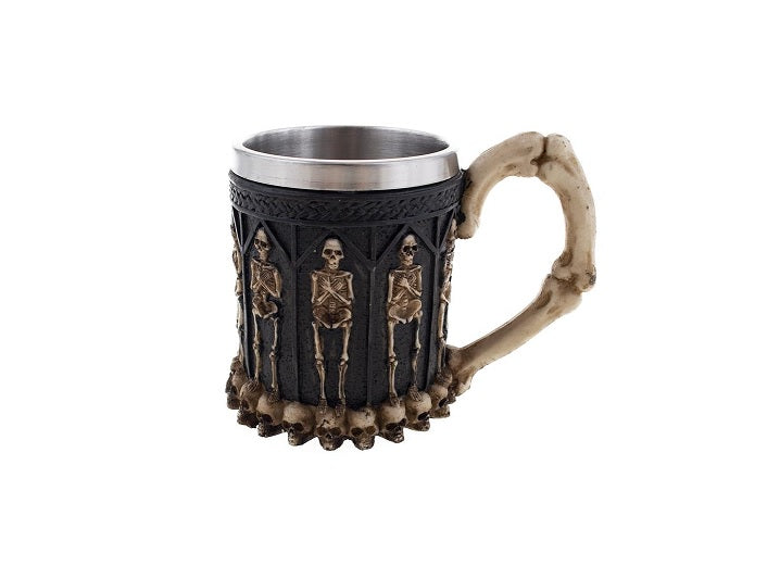 chope de bière squelette avec anse os 14x11cm