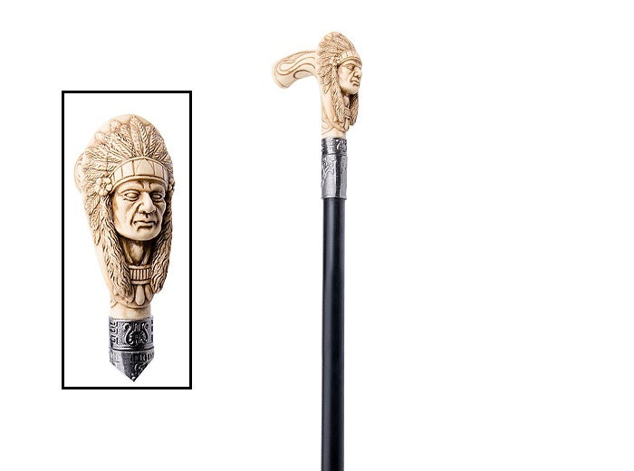 canne métallique droite motif tête d''indien luxe 92cm