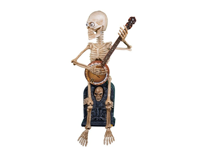 squelette assis avec banjo motorisé sonore et lumineux 90cm
