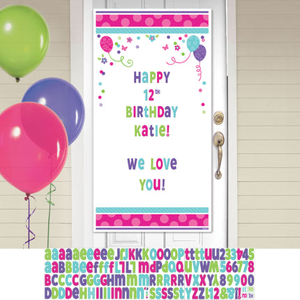 Affiche anniversaire personnalisable pour porte avec ballons et fleurs