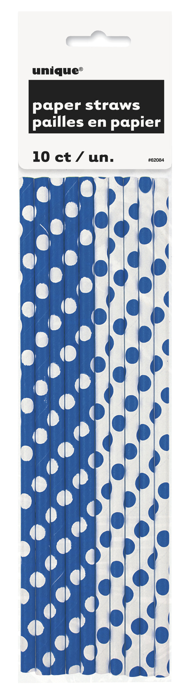 10 pailles à pois bleus foncé et blancs