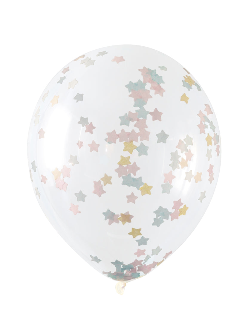 5 ballons transparents avec confettis en étoiles roses, bleues et dorées