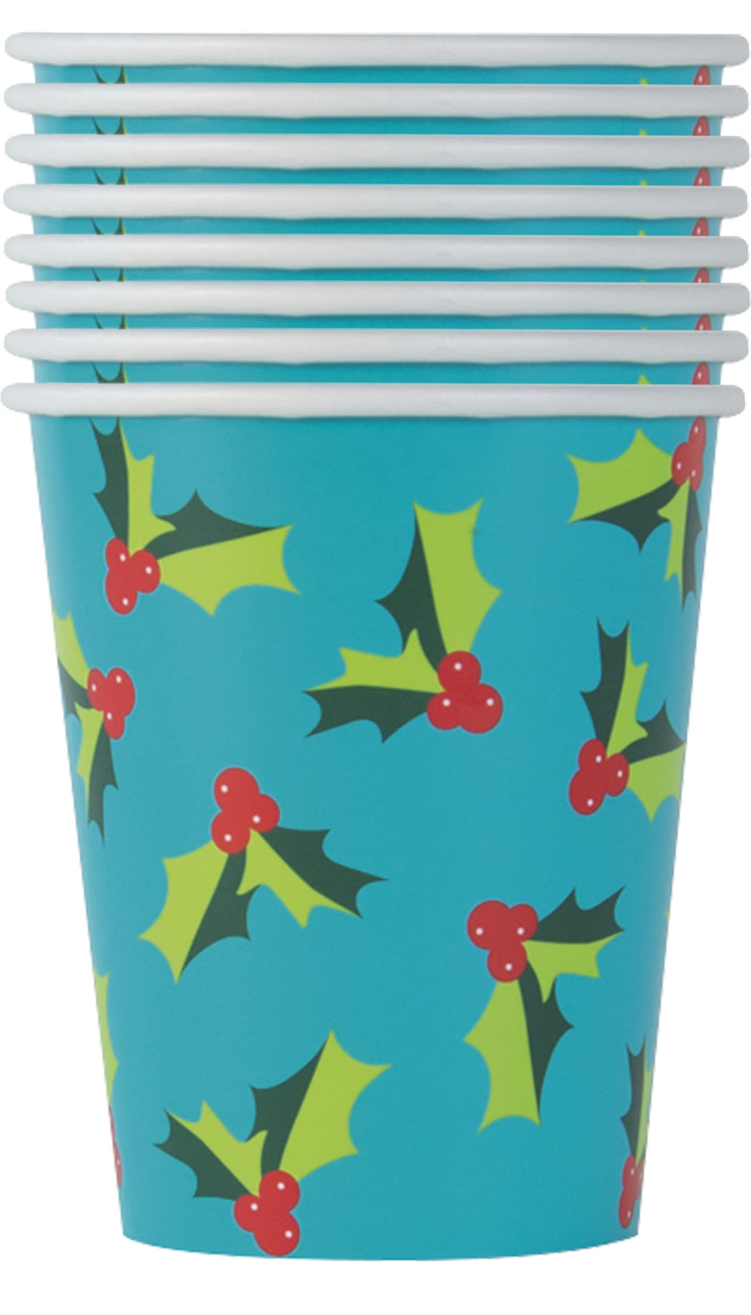 8 gobelets branche de houx - Holly Santa