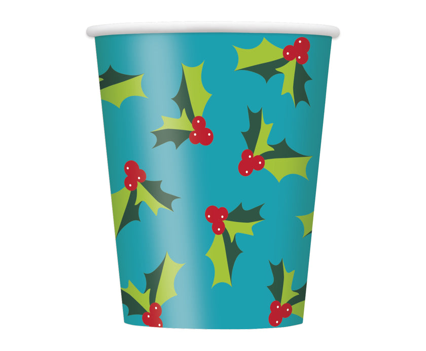 8 gobelets branche de houx - Holly Santa