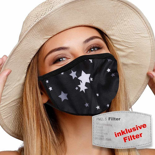 masque textile lavable avec filtre actif noir etoiles