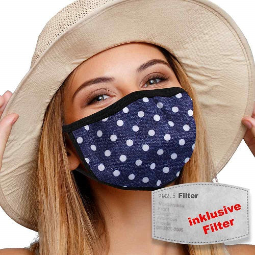 masque textile lavable avec filtre actif bleu à pois